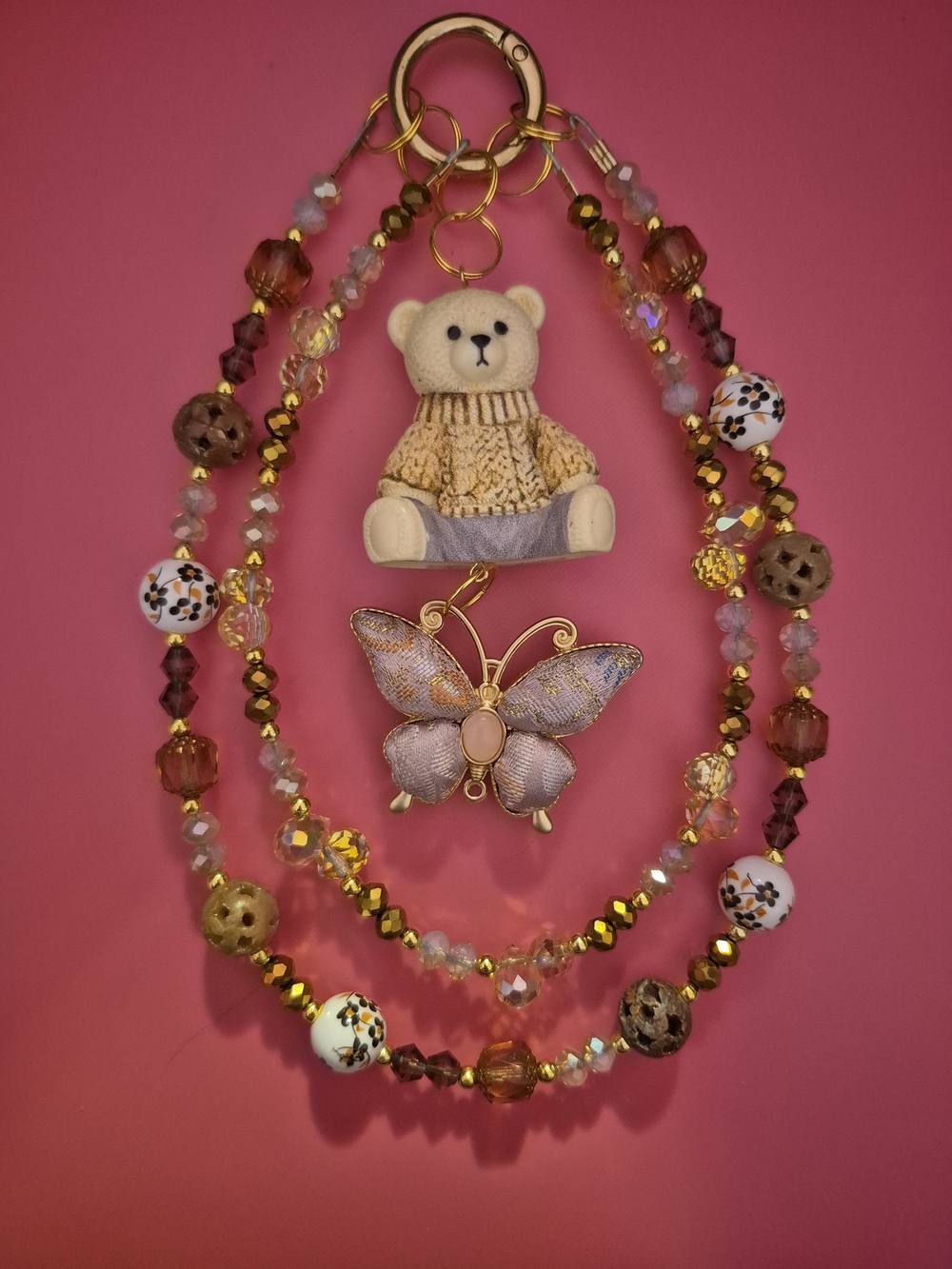 Gold & Pink Teddy Bear and Butterfly Beaded Phone Chain